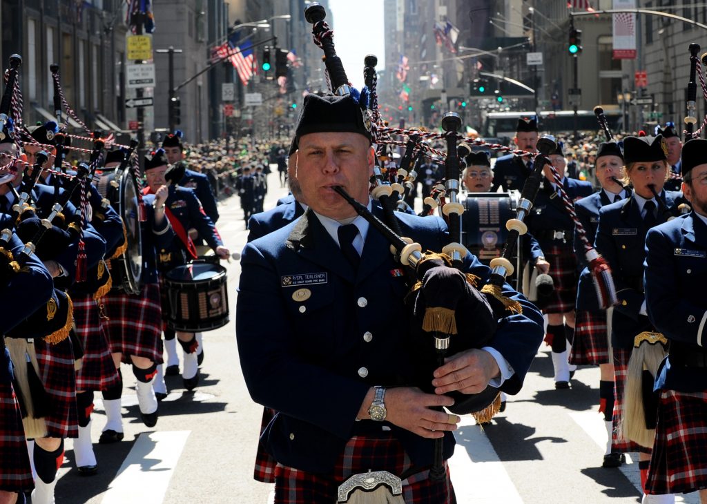 NEW YORK-Members of the U.S. Coast Guard Pipe Band march up Fifth Avenue in the 250th St. Patrick's Day Parade, Manhattan, N.Y., March 17, 2010. This year marks the 250th iteration of the longest running and largest St. Patrick's Day Parade in the U.S. Coast Guard photo by Petty Officer Seth Johnson